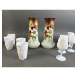 Vintage Fostoria Painted Vases & Milk Glass Cups