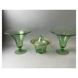 1920s Fostoria Uranium Tapered Vases & Gilt Dish