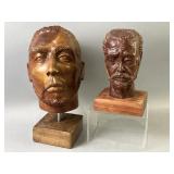 2 Carved Wood Heads 1 Signed by S.P. Terrak