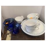 2cnt Blue Glass, Corelle Plates and Cups