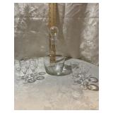 BARWARE - ETCHED DECANTER AND 9 CORDIALS