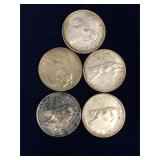 five 1967 Canadian Silver 25 Cent Pieces