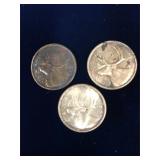 Three 1960s Canadian Silver 25 Cent Pieces