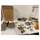 Box of track switches, power pack. Parts. HO Scale