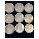 nine 1966 Canadian Silver 50 Cent Pieces