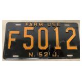 1952 NJ Farm Use license plate