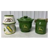 3 Ceramic John Deere Crock, Cookie Jar, other