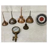 7 pcs- Vintage Oil Cans, Pressure Gauge, Cap