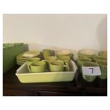 Green coffee mugs, bowls, plates, baking dishes