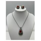 Pewter enamel red rose necklace & earring set