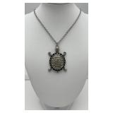 Vintage black enamel & rhinestone turtle necklace