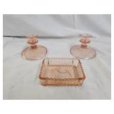 Pink Depression Scotty Dog Dish & Candle Holders