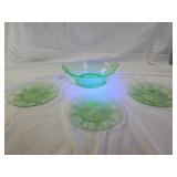 Green Vaseline Glass Plates and Bowl