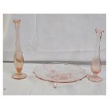 Pink Depression Footed Plate and Bud Vases