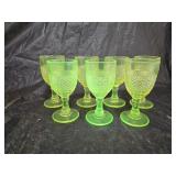 7 Vaseline Uranium Glass Diamond Point Cordials