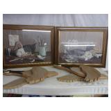 2 Framed Duck Prints & 2 Wooden Ducks