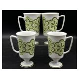 (4) Green Daisy Footed Ceramic Cups 5.5"