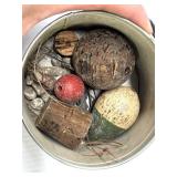 Vintage Fishing Corks, Sinkers, and Hooks in Tin