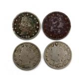 (4) Liberty Head V Nickels : 1902, 1907, 1908,