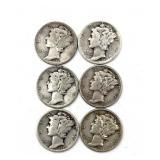 (6) Mercury Dimes : 1941, 1941-S, 1942, 1944,