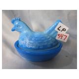 blue glass chicken dish