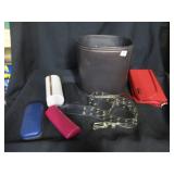 heavy garbage pail, glasses cases, belt