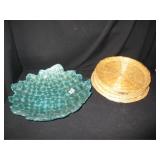 blue platter and wicker plates