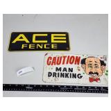 Vintage Porcelain Ace Fence Sign & Man Drinking