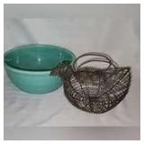 Vintage wire egg basket chicken and blue green glazed mixing bowl 3.25" X 8"