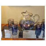 MCM Iridescent Macbeth Evans Corning Ball 8 1/2"  Blue & Gold Glass Pitcher with 4 glasses.