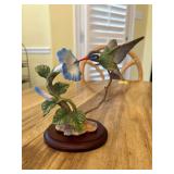 Maruri fine porcelain White-Eared Hummingbird with Morning Glory on oval mahogany display…..with COA….5-1/2” tall