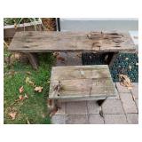 Pair of weathered wooden benches, small 13.5" X 18" X 11", long 13.25" X 48.5" X 11"