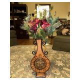 Metal mandolin shaped vase with artificial florals and greenery…..24” tall