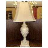 Gorgeous porcelain base lamp accented with swags and leaf motif…..silk-like shade…..27-1/4 tall