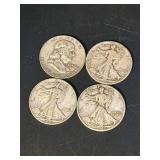 Grouping of (3) Silver Peace Half Dollars and (1) Franklin Silver Half Dollar…..years are 1942, (2) 1941, 1959