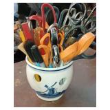 Hand painted made in Holland planter loaded w multiple scissors and more