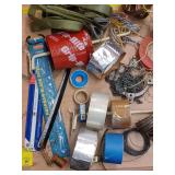 Bag of items: grease gun nozzle, hack saw blades, Teflon tape, other tapes, multiple wire and more