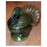 Green Glass turkey candy dish, 7.5" X 7" X 5"