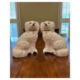 Pair of replica Staffordshire white dogs with gold collars…..8” tall