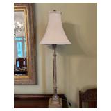 Composite base candlestick lamp with gold tones and elegant flare shade…..36” tall