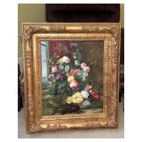 Beautiful signed (Levine) gilt framed oil on canvas florals….30-1/4 x 34-1/2