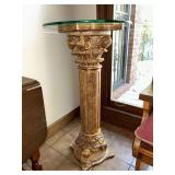 Composite material column with copper look finish and glass top (has “S” monogram)…..35” tall….glass is 18”D