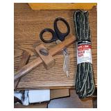 10 foot Diamond Braid rope, new; bandage scissors, and vintage tool