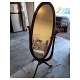 Tripod legged swivel wood framed oval mirror, freestanding