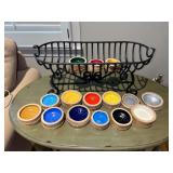 Wrought iron basket and wood base/enamel coated decor