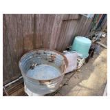 Galvanized tub 21" diameter, old cooler, bucket, propane tank and more