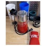 Kitchen Aid Food Chopper, mixing Carafe, plastic cups, and coozies