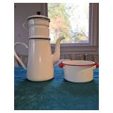 Enamelware red rim pot and black rim coffee pot.