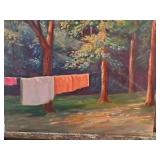 Unframed blankets on a clothesline. Oil on canvas 20x16