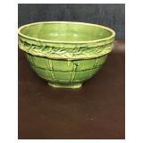 Antique McCoy green glazed checkerboard vine design. Mixing bowl. 9” diameter x 5.5” H. Tiny chip inside bowl. See pics.